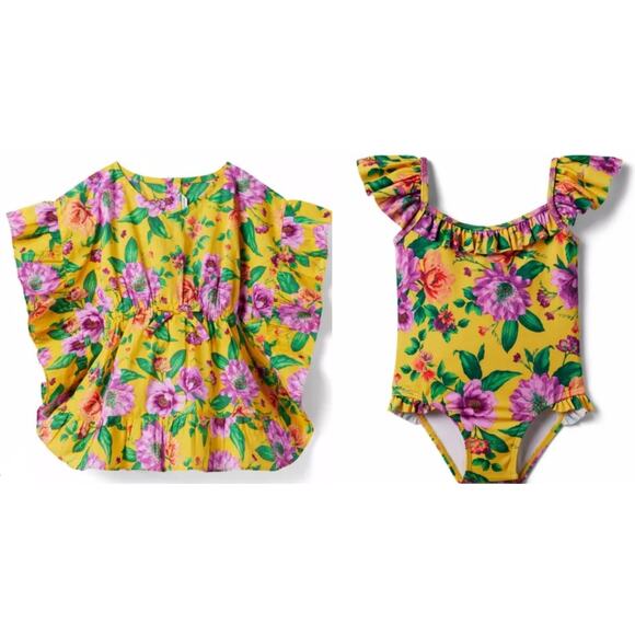 Janie and Jack Floral Ruffle Swim Cover-Up & Flutter Sleeve Swimsuit Size 2T